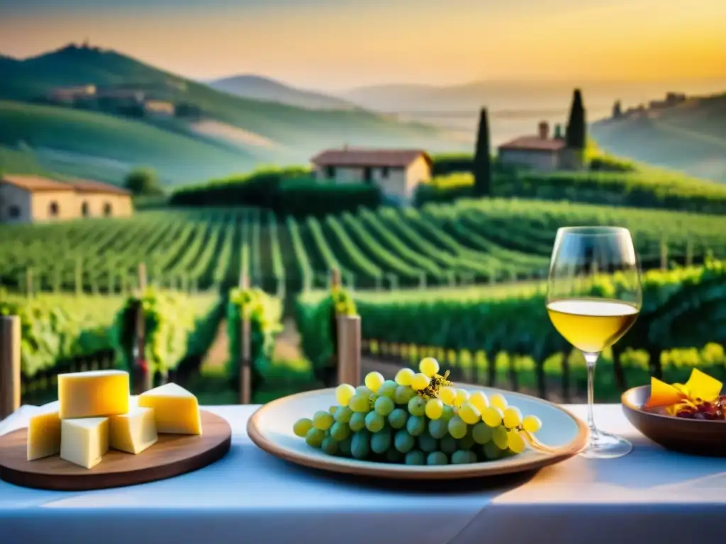 Un atardecer pintoresco en un viñedo italiano con mesa de gastronomía italiana