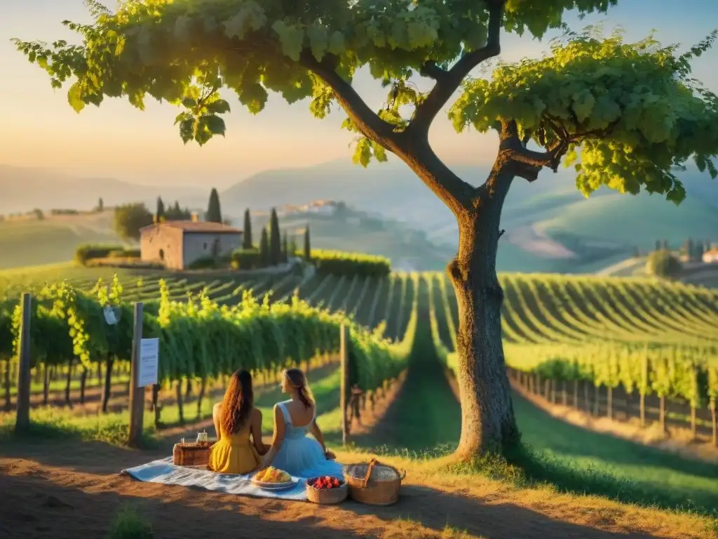 Un atardecer romántico en un viñedo italiano, pareja disfrutando de un picnic bajo un roble