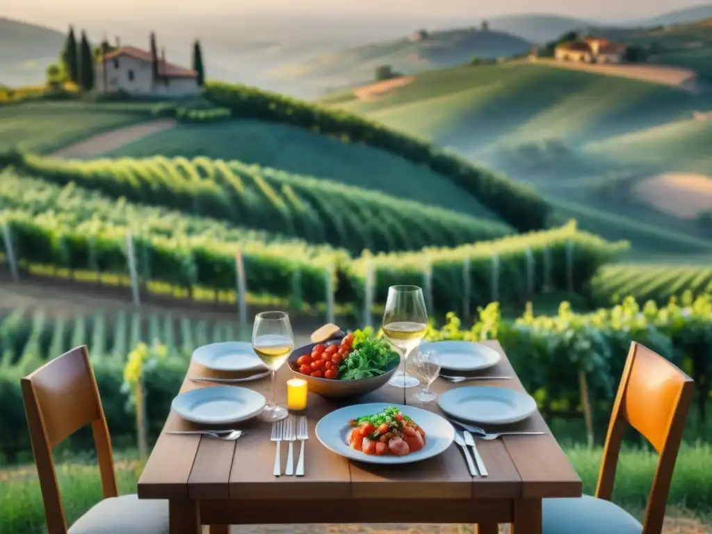 Un atardecer sereno en el campo italiano con una mesa rústica lista para comer comida italiana de forma consciente