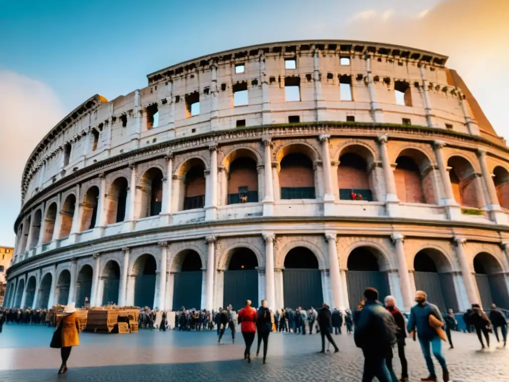 Atardecer vibrante en el Coliseo de Roma con turistas, locales y un vendedor de cocina italiana