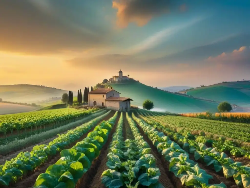 Un atardecer vibrante en una pintoresca granja orgánica italiana con campos de cultivos coloridos y granja rústica al fondo