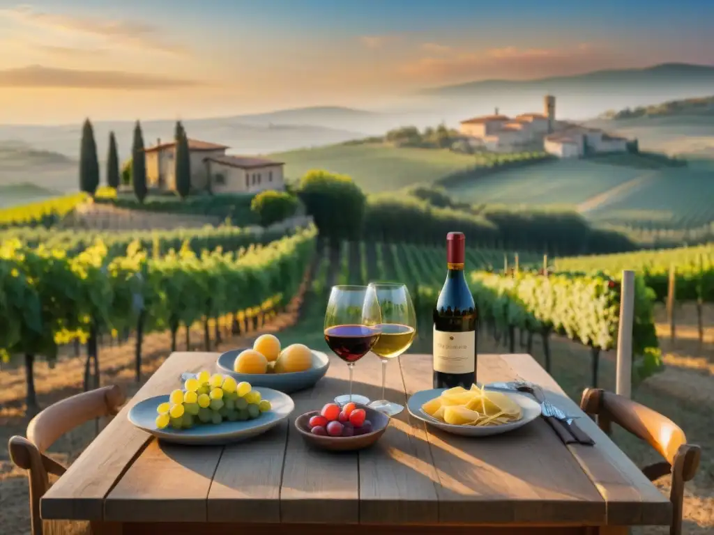 Un atardecer en una viña toscana con mesa de comida italiana y vino, invitando a disfrutar de estancias en viñedos gastronomía italiana