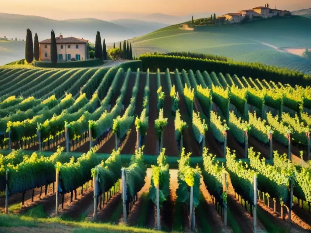 Atardecer en viñedo familiar italiano con cultivo orgánico y vistas de la Toscana