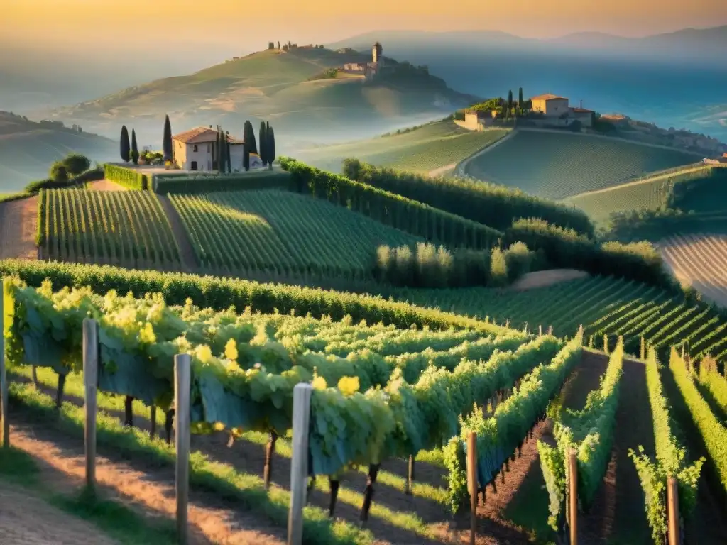 Atardecer en viñedo italiano con hileras de vides verdes bajo luz dorada, indicador de variedades de uvas