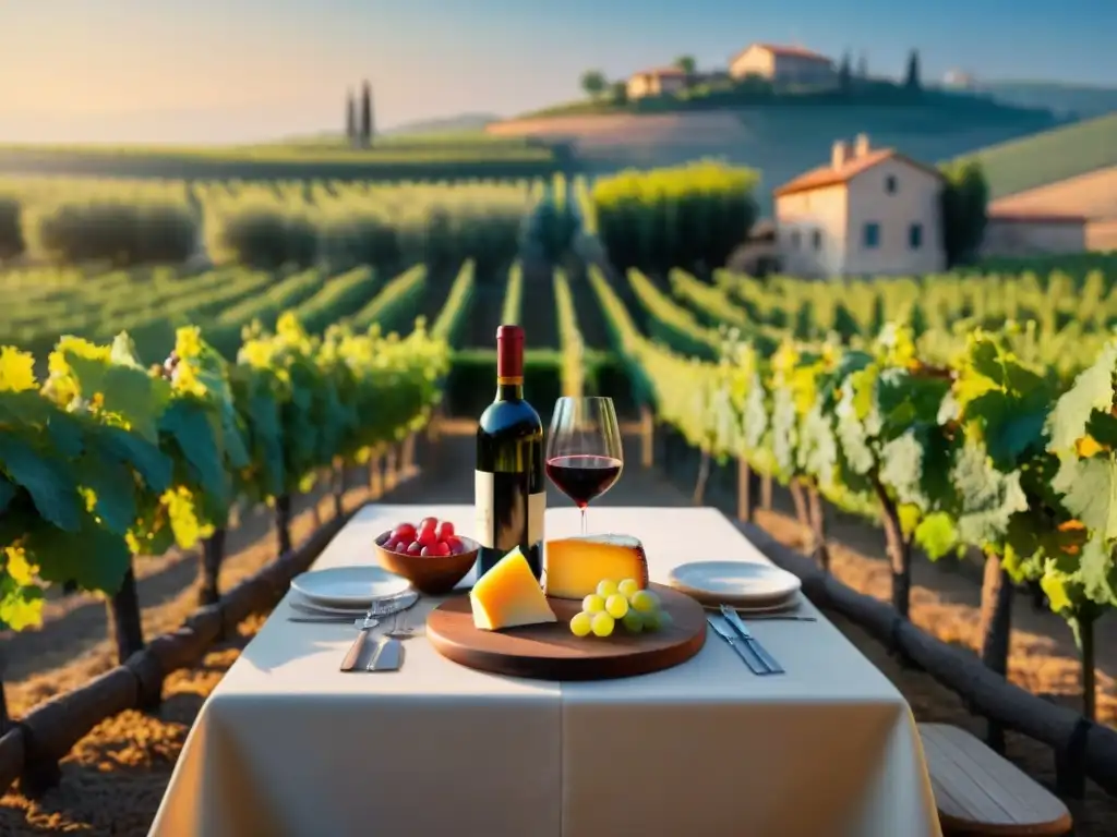 Atardecer en viñedo italiano con mesa de gastronomía italiana