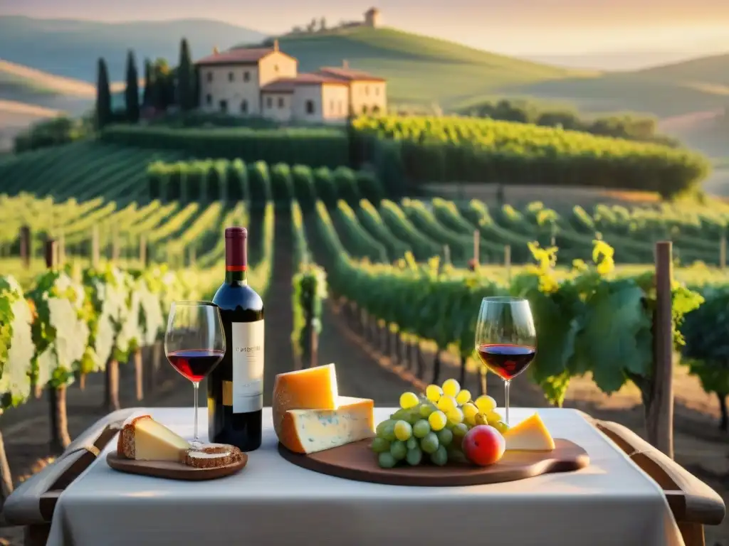 Experiencia enológica en viñedo toscano al atardecer Un atardecer en un viñedo toscano con mesa rústica de maridaje gastronomía vinos viñedos italianos