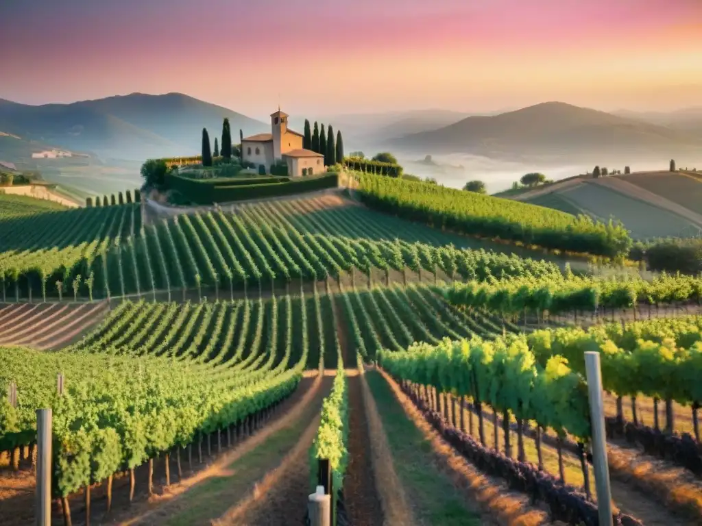 Atardecer en viñedos italianos innovadores en enología, con viticultores cosechando uvas al sol poniente