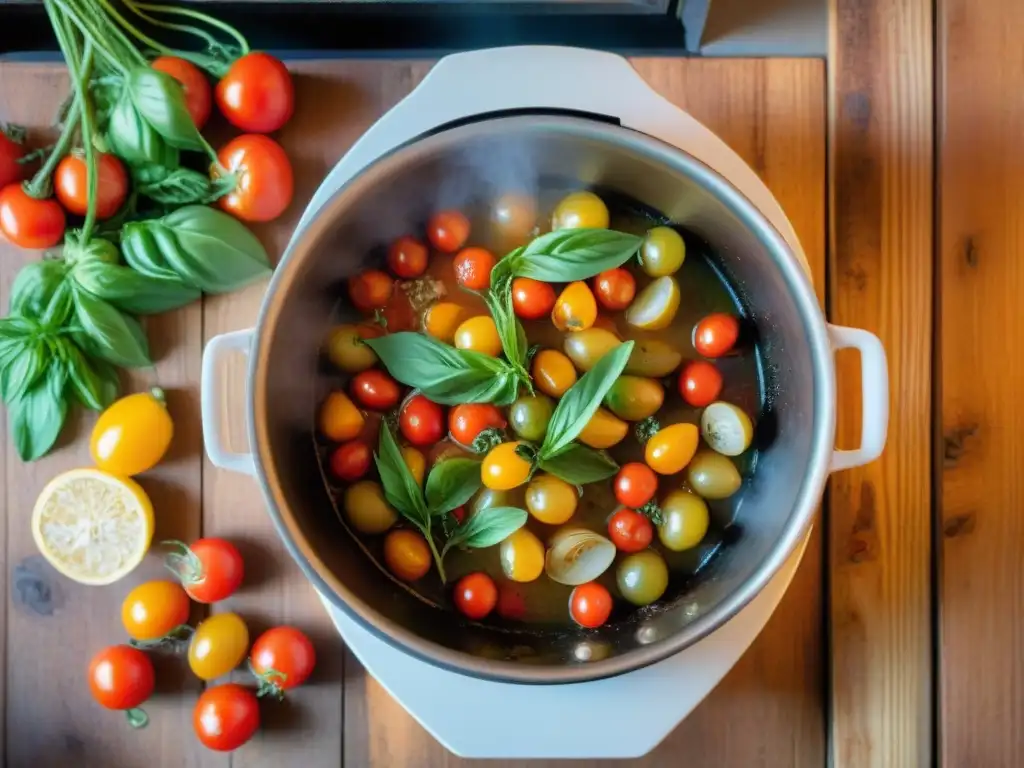 Atmósfera acogedora en una cocina italiana rústica con una olla tradicional burbujeante