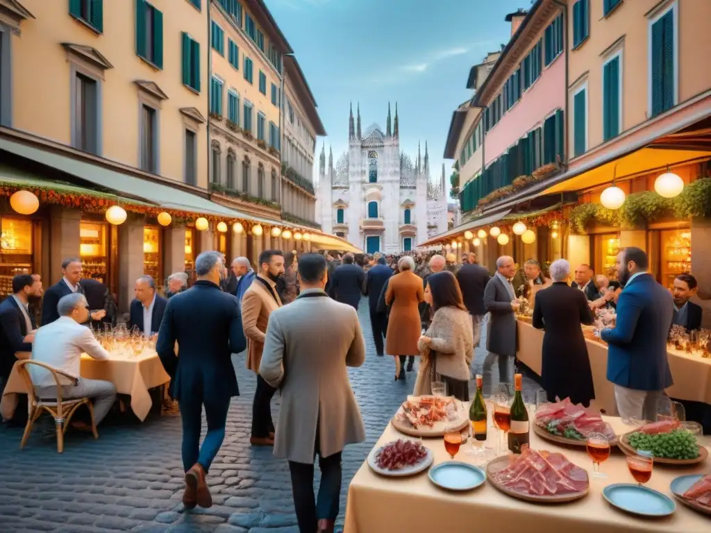 Atmósfera de aperitivo tradicional en el norte de Italia: gente socializando en cafés y bares elegantes de Milán al atardecer