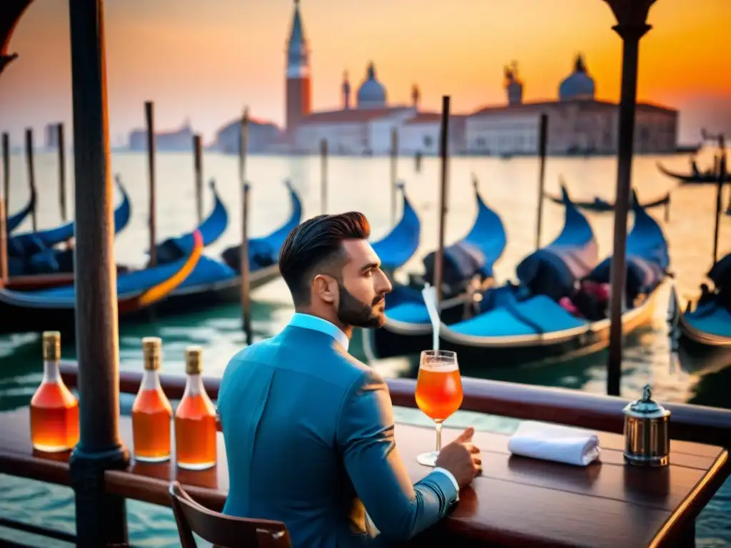 Vibrante Aperol Spritz en plaza de Venecia al atardecer Atmósfera dorada en Venecia con un Aperol Spritz, reflejando el origen y popularidad del Spritz