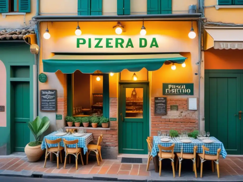 Atmósfera encantadora de una pizzería tradicional en Nápoles: puerta de madera, letrero vintage y clientes disfrutando bajo luces cálidas