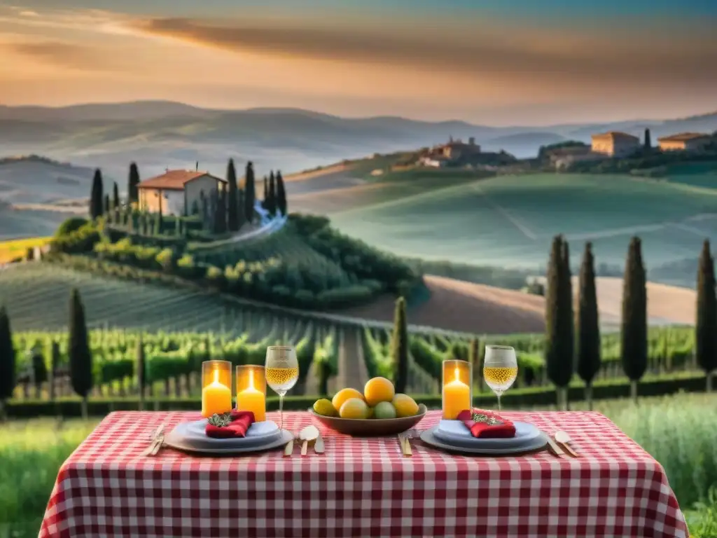 Atmósfera perfecta para una fiesta italiana en la Toscana: mesa con mantel a cuadros, velas y platos tradicionales, viñedo al fondo al atardecer