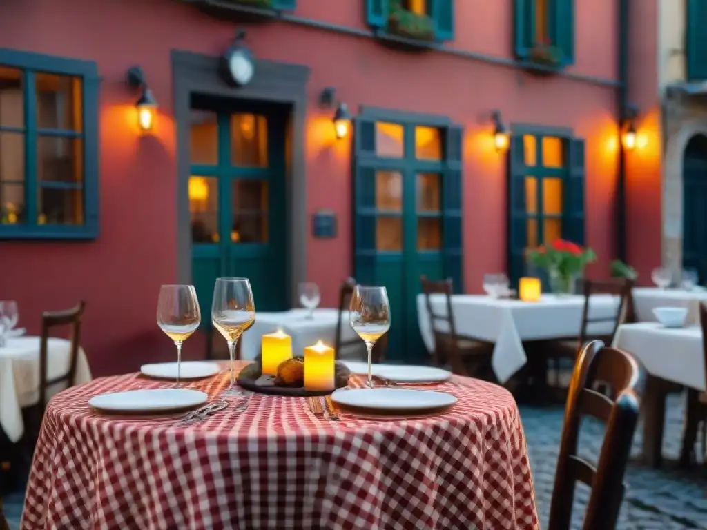 Atmósfera de una trattoria italiana al atardecer, con mesas de cuadros, velas y platos tradicionales