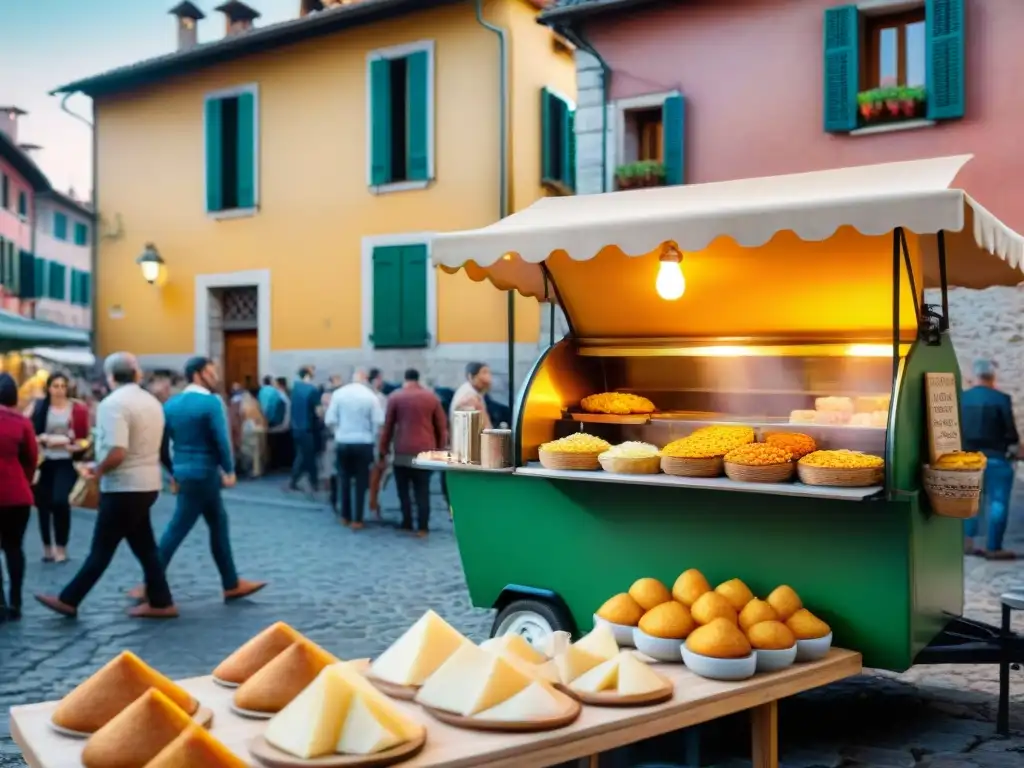 Atmósfera vibrante en las calles de Friuli, Italia, con el popular frico plato callejero Friuli deleitando a locales y turistas