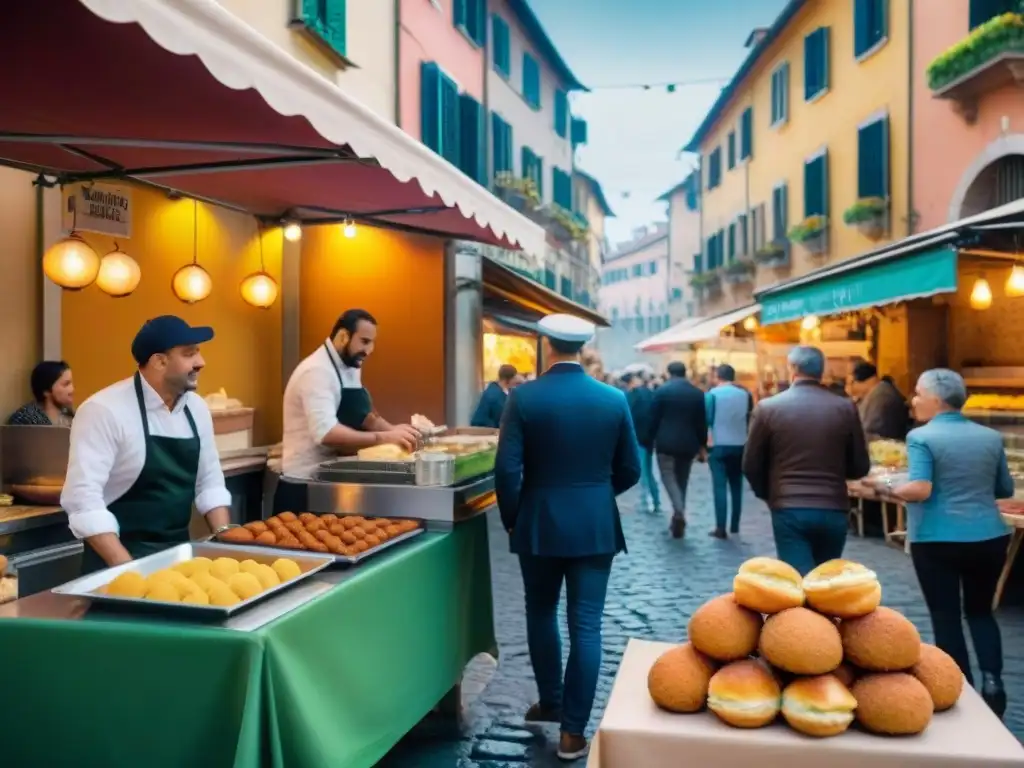 Atmósfera vibrante de la cocina callejera italiana tendencias, con vendedores apasionados y clientes disfrutando de delicias tradicionales