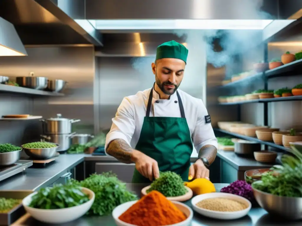 Cocina vegana italiana: pasión y creatividad en cada plato Atmósfera vibrante de una cocina vegana italiana con chefs preparando coloridos platillos rodeados de hierbas frescas y verduras