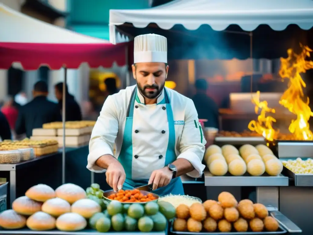 Atmósfera vibrante de un mercado callejero en Italia, con variada oferta de street food italiano tendencias