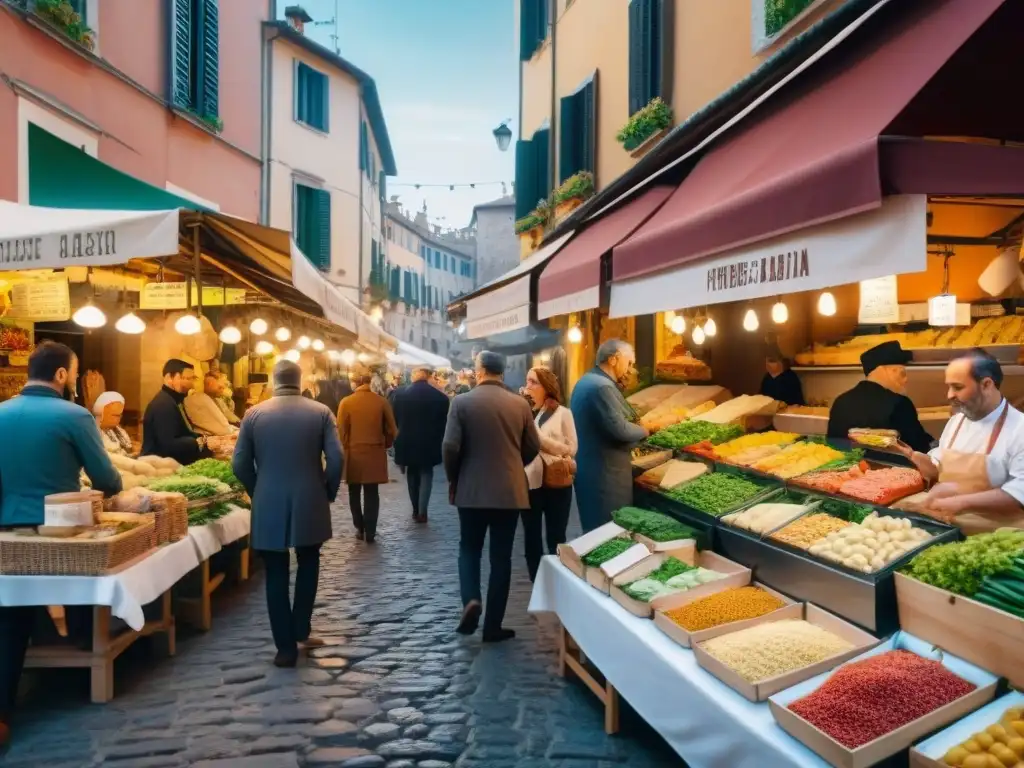 Atmósfera vibrante de un mercado callejero italiano con platos icónicos de la cocina tradicional