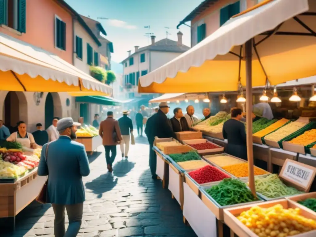 Atmósfera vibrante de mercado italiano con productos frescos, pasta colorida y locales disfrutando gelato bajo el cálido sol mediterráneo