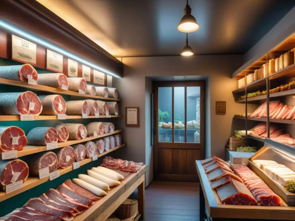 Una auténtica carnicería italiana con carnes y embutidos tradicionales, clientes admirando y un carnicero hábil cortando prosciutto