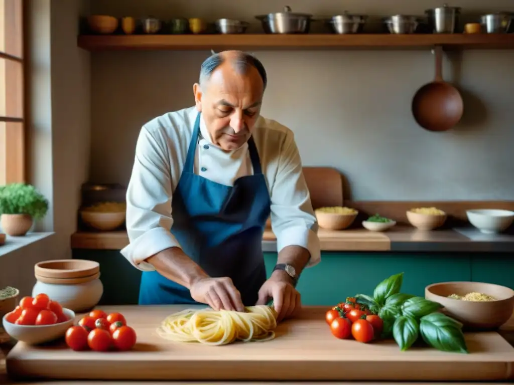 En una auténtica cocina italiana, Gennaro Contaldo elabora pasta a mano rodeado de ingredientes frescos