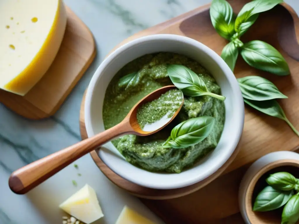 Preparación auténtica del pesto genovés: hojas de albahaca, piñones, ajo y queso Parmesano molidos en un mortero de mármol, con luz natural