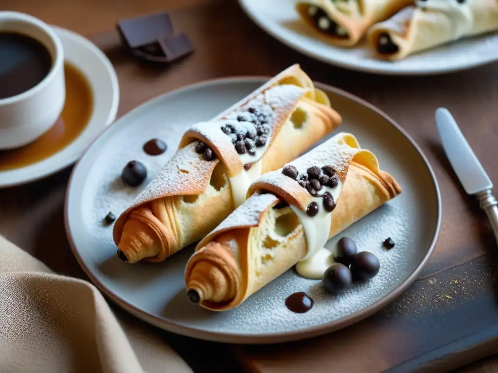 Un auténtico cannoli siciliano con ricota y chispas de chocolate, en un café italiano