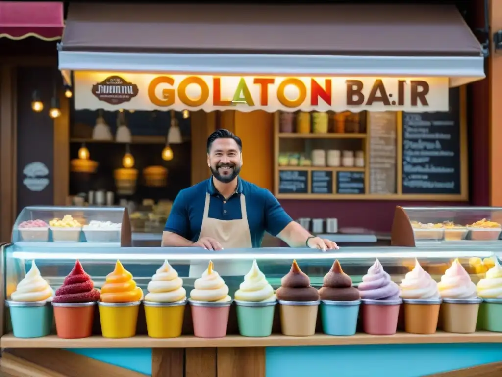 Un auténtico gelato bar italiano con clientes disfrutando de deliciosos helados bajo luces brillantes