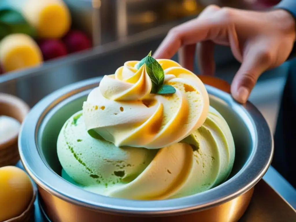 Elaboración auténtico Gelato italiano: Maestro gelatero crea patrones vibrantes y cremosos en una gelatería tradicional en Italia