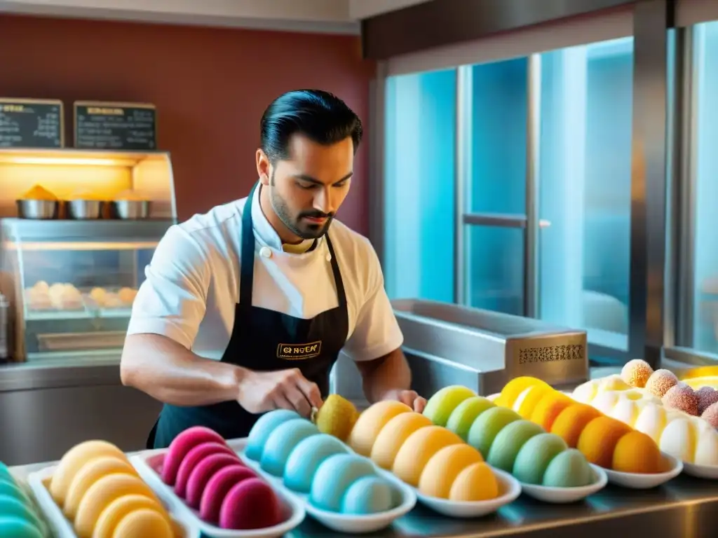 Elaboración auténtico Gelato italiano en tradicional gelatería italiana con maestro heladero creando coloridas y cremosas delicias