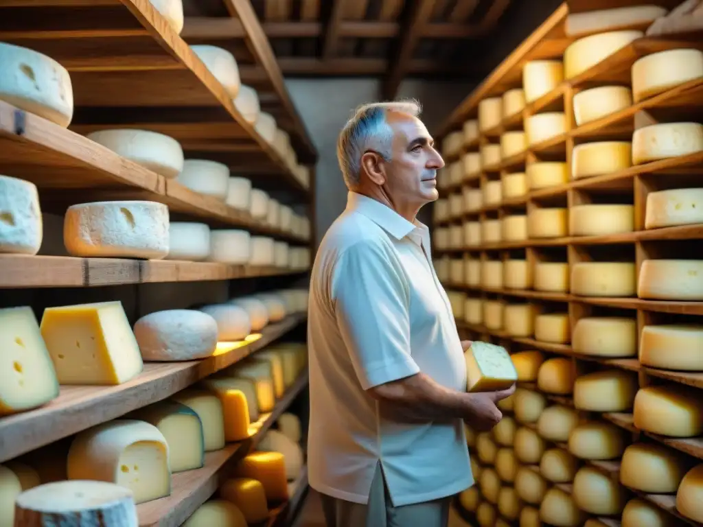 Caciocavallo auténtico del sur: Bodega italiana con quesos colgantes y un maestro quesero inspeccionando