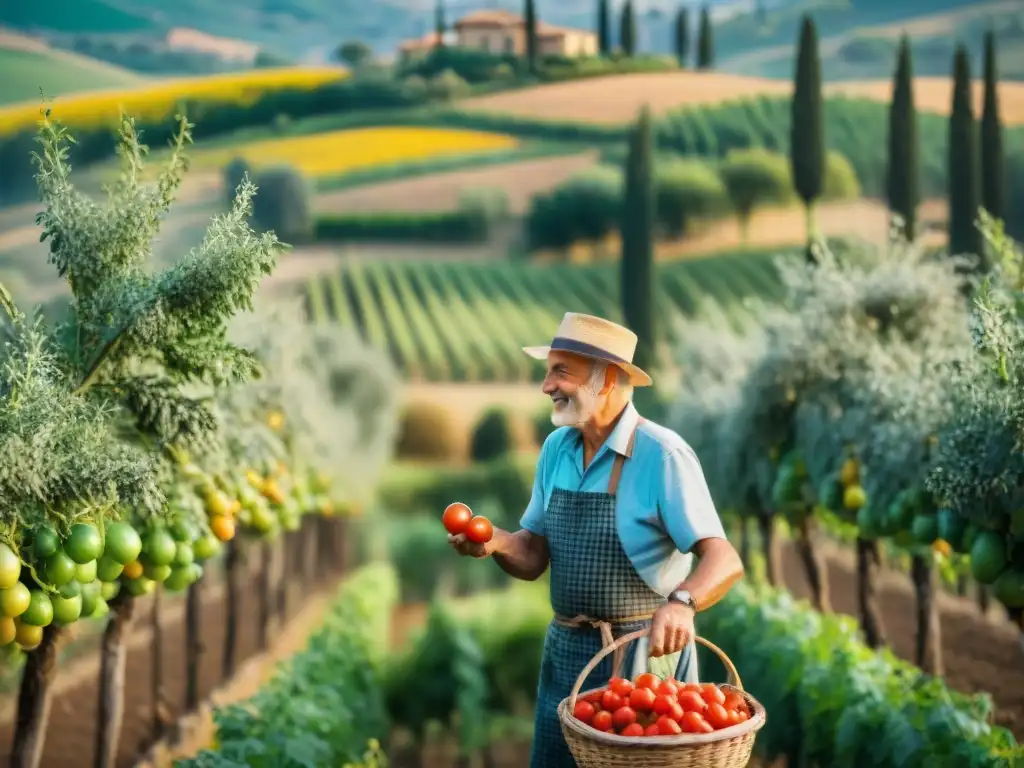 'Autosuficiencia alimentaria en Italia: Pareja de ancianos recolectando tomates maduros en un viñedo pintoresco en la Toscana