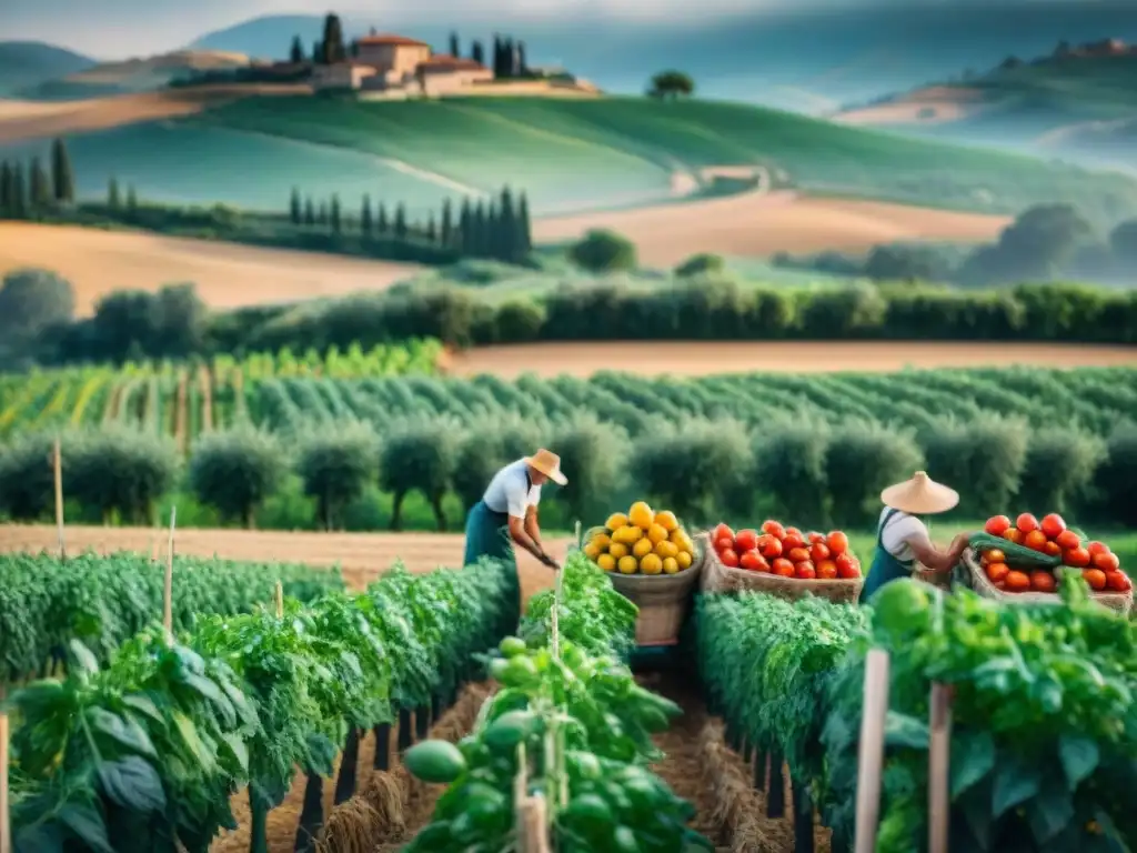 Avance cocina italiana ética: Agricultores italianos cosechando tomates en Toscana bajo el cálido sol mediterráneo