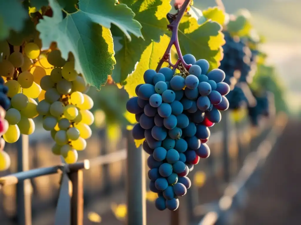 Avances tecnológicos en vinicultura: Máquina robótica recolectando uvas al atardecer en viñedo