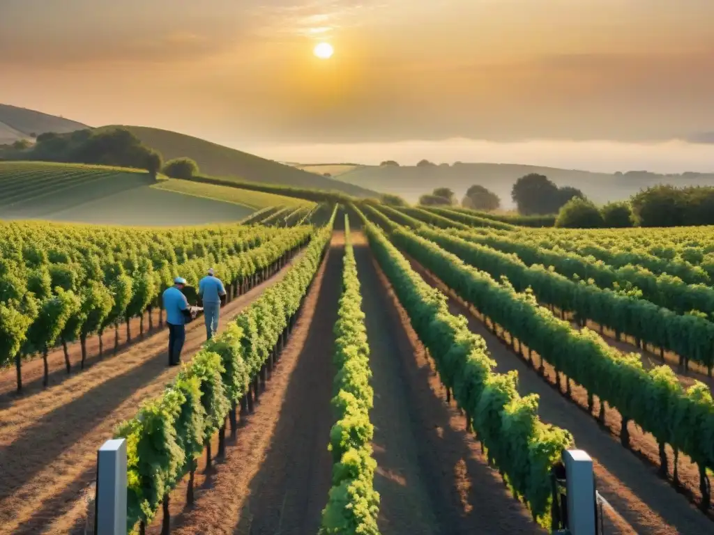 Avances tecnológicos en vinicultura: Viñedo al atardecer con viticultores y robots vendimiando entre vides verdes