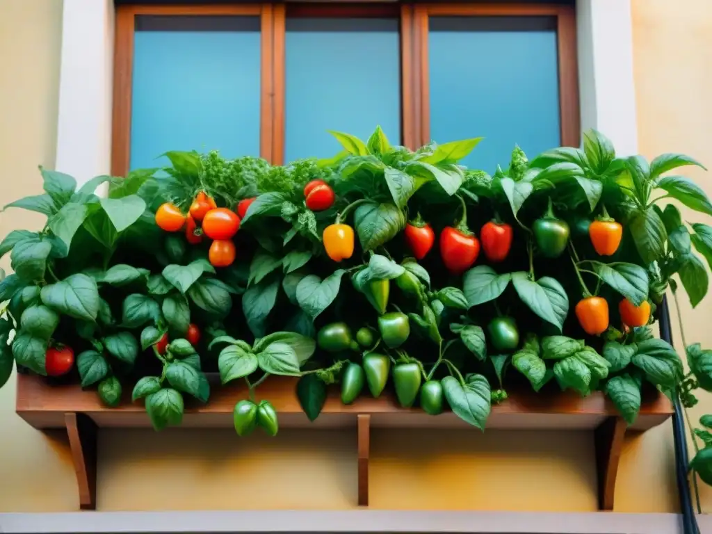 Un balcón italiano convertido en vibrante huerto urbano con albahaca, tomates y pimientos, en una ciudad bulliciosa