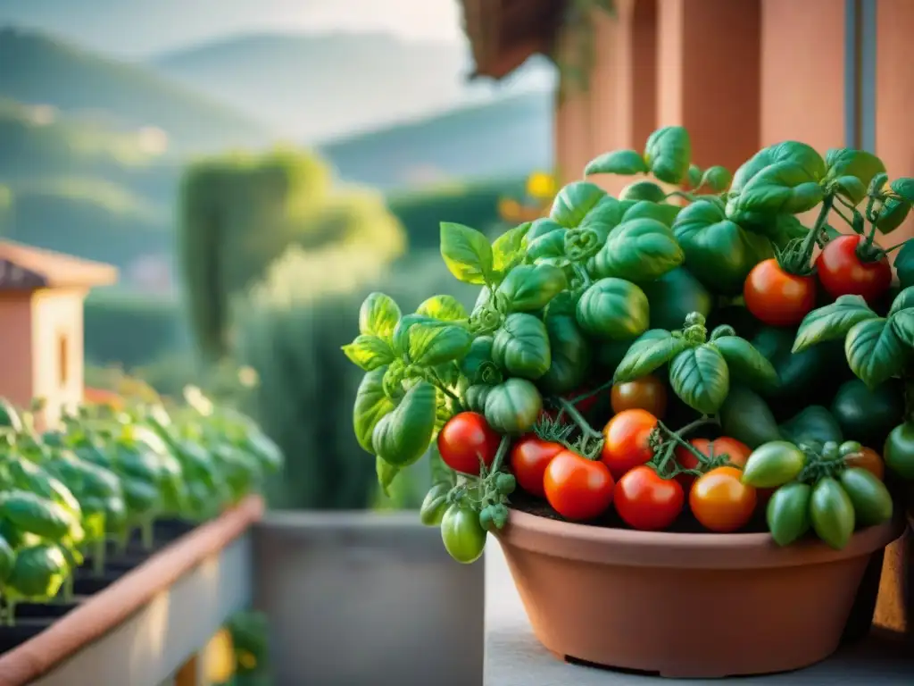 Un balcón italiano soleado muestra tomates rojos vibrantes en macetas de terracota, un huerto urbano italiano en espacios reducidos