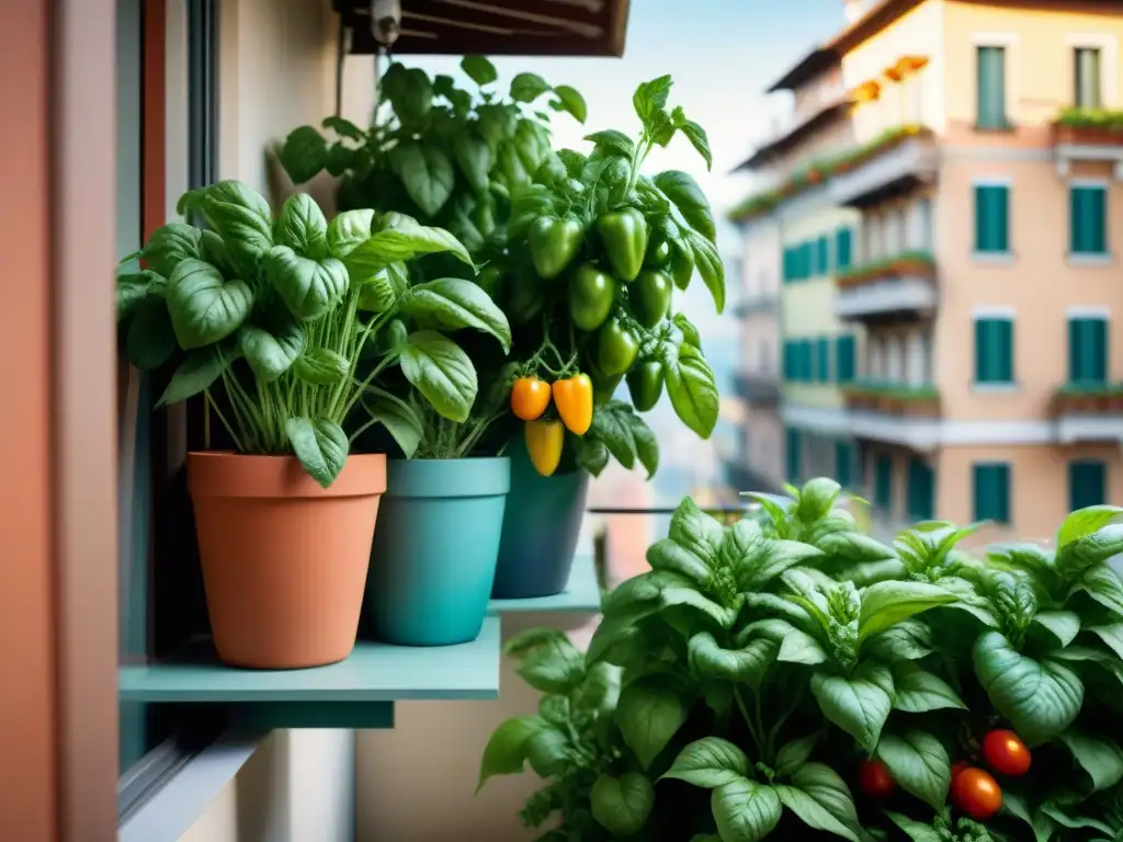 Un balcón urbano italiano convertido en un exuberante huerto vertical, lleno de plantas de tomate, albahaca y pimientos