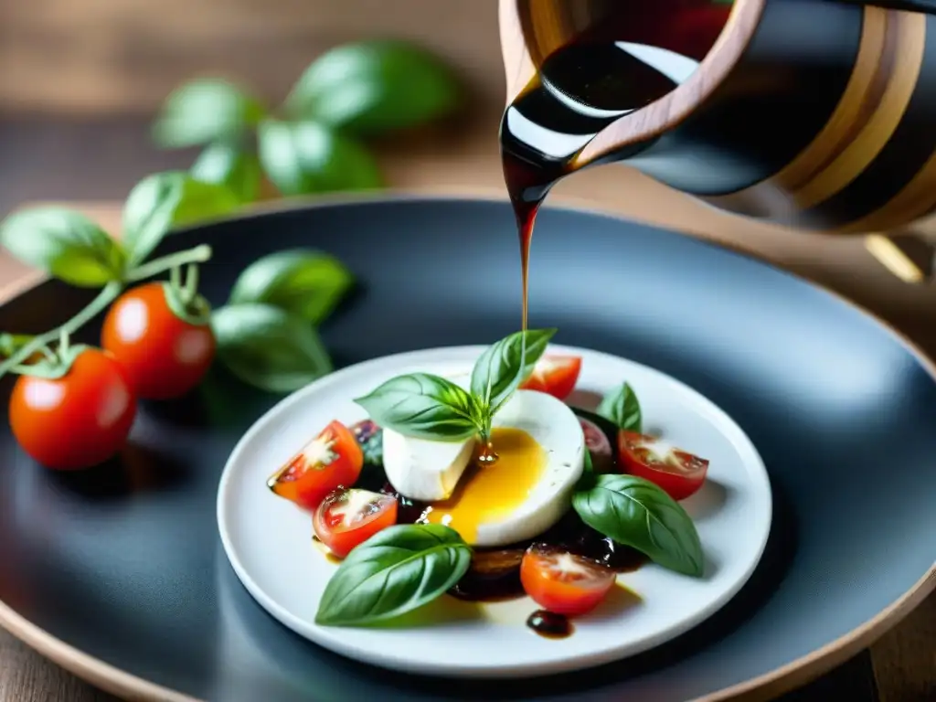 Vinagre Balsámico Módena realza una colorida ensalada Caprese en cocina italiana