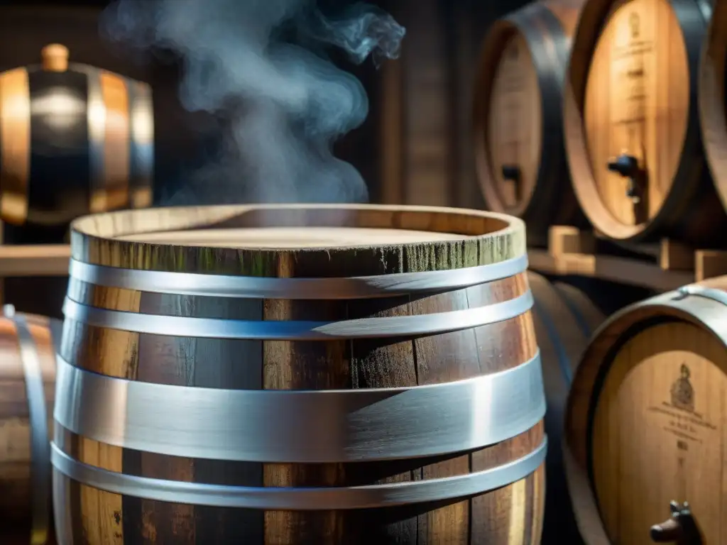 Vinagre balsámico tradicional calidad: Barril de madera envejeciendo en bodega rústica, con líquido oscuro iluminado por rendijas de luz