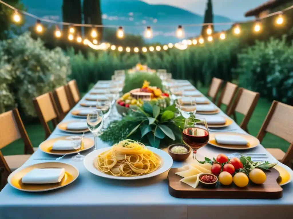 Un banquete de boda italiano detallado con menús de cocina italiana para eventos en un jardín encantador al atardecer