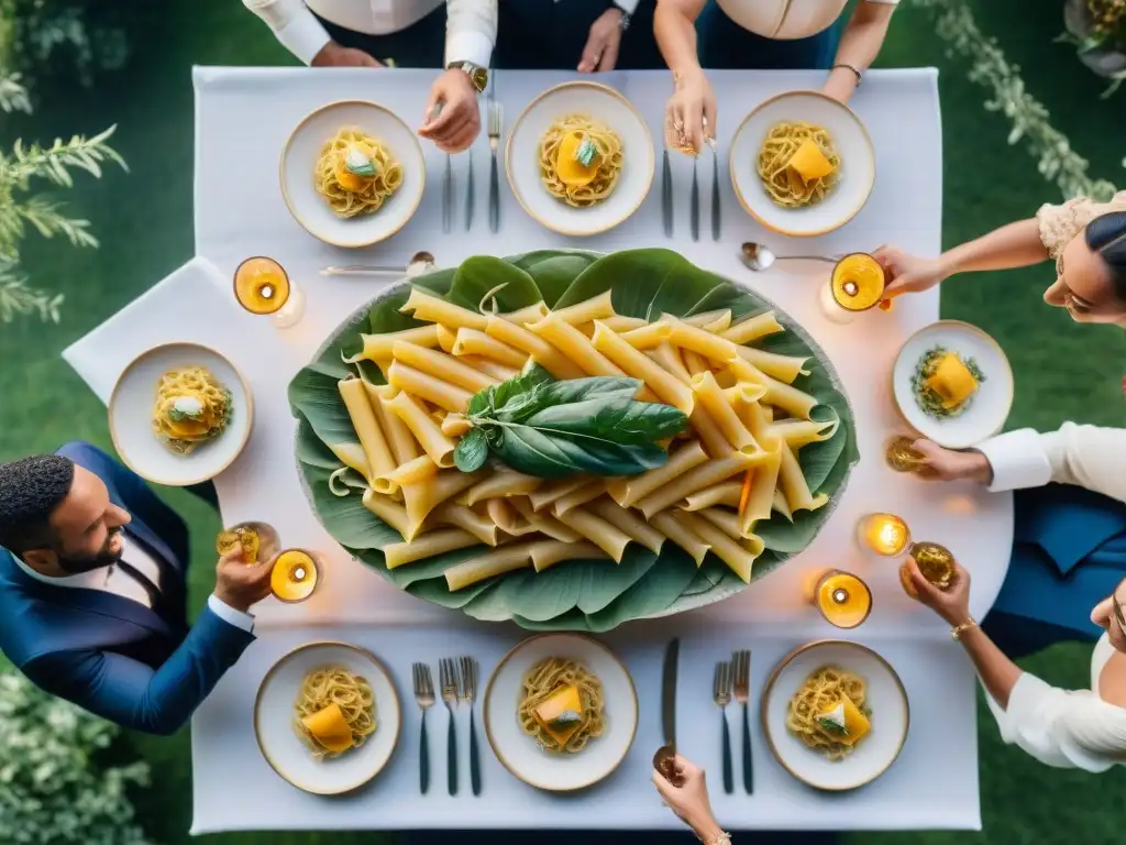 Un banquete elegante al aire libre en una boda italiana, con pasta y decoración exquisita