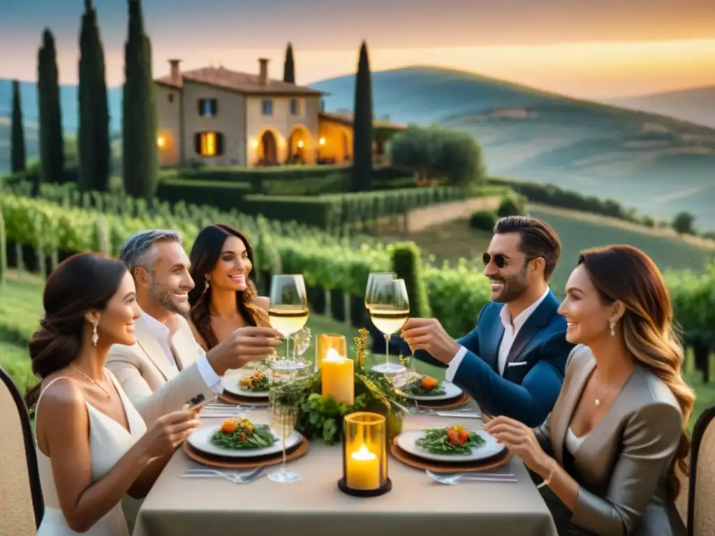 Un banquete de lujo en una villa italiana en Toscana al atardecer con la palabra clave 'Restaurantes italianos de lujo'