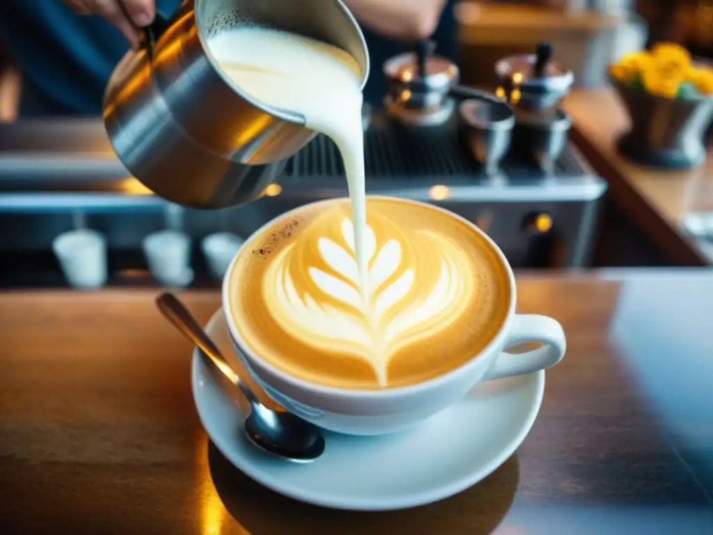 Barista creando arte latte con flor en café italiano