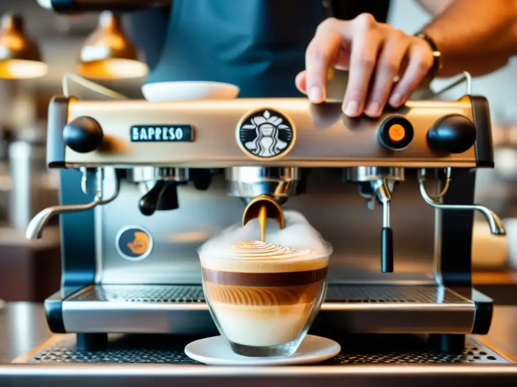 Un barista espolvorea cacao sobre un Café Marocchino receta auténtica en un café italiano tradicional