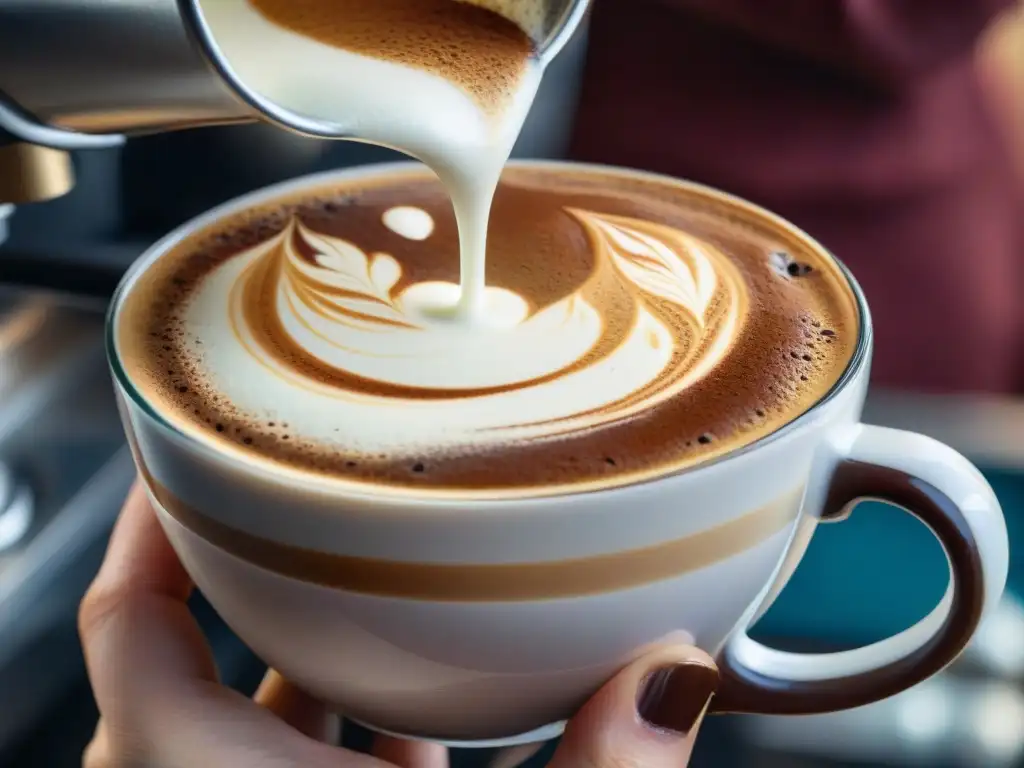 El barista prepara con destreza un Café Marocchino receta auténtica, con capas de espresso, leche vaporizada y cacao