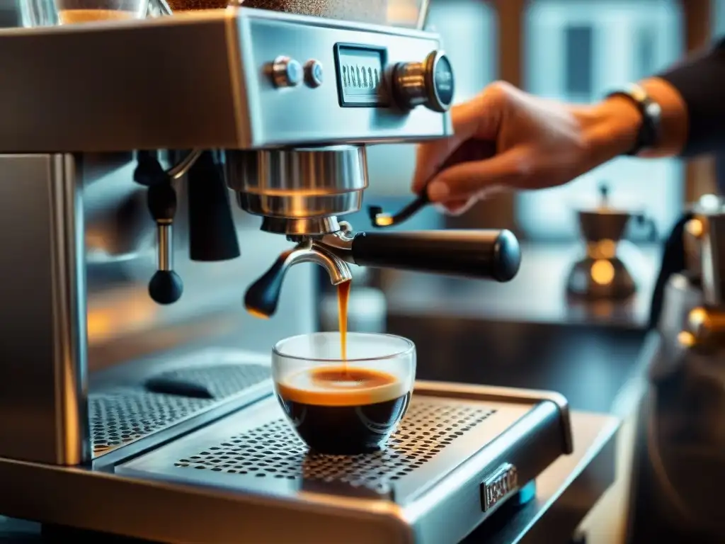 Barista preparando con esmero un espresso perfecto en máquina vintage italiana, revelando los Secretos del espresso perfecto italiano