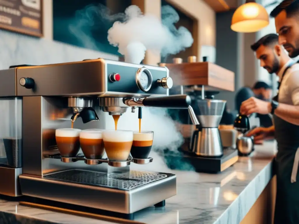 Un barista preparando espresso en un café italiano tradicional y moderno en Roma