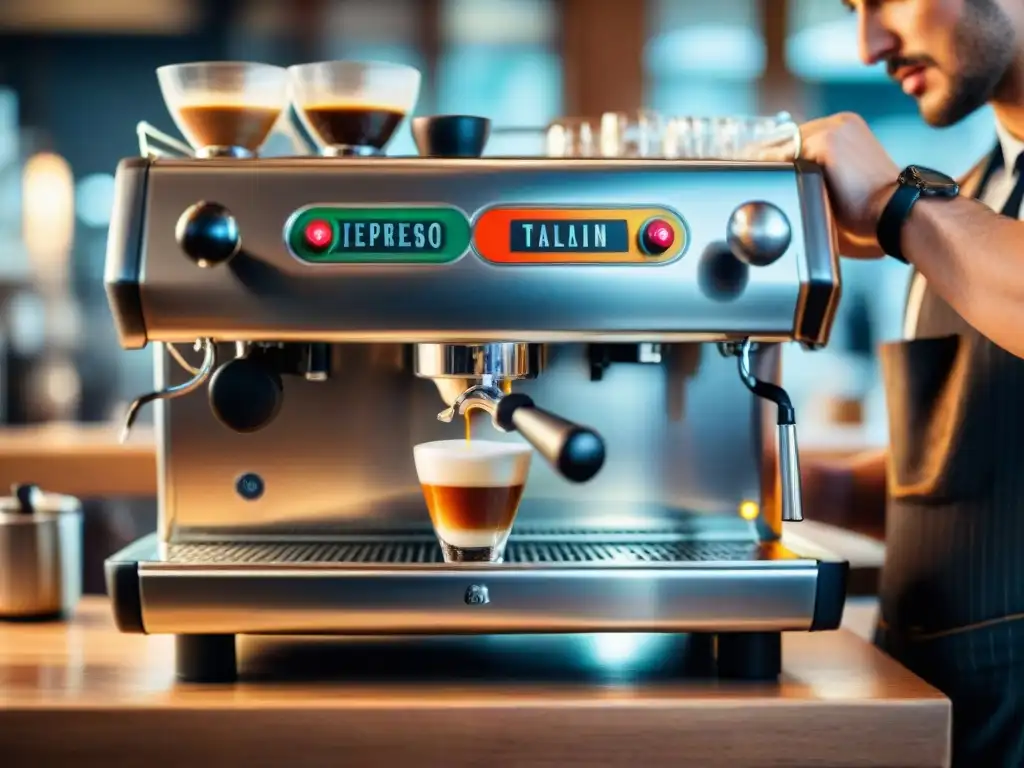 Un barista preparando un espresso en una cafetería rústica con la receta tradicional affogato café