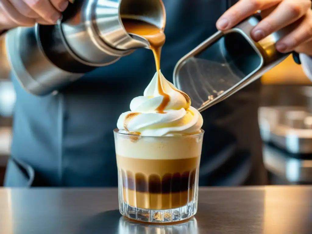 El barista vierte espresso caliente sobre helado de vainilla en vaso transparente, mostrando la historia del Affogato café helado